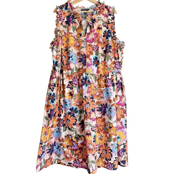 MAGGY LONDON Woman Floral Ruffle Sleeveless Dress Cotton Retro Plus Size 22W - Picture 1 of 11
